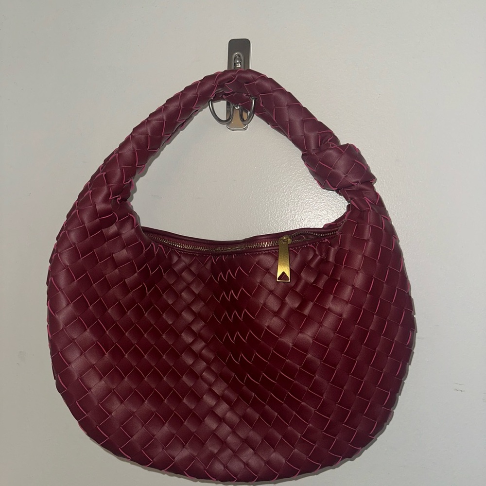 Elegant Burgundy Woven Hobo Bag